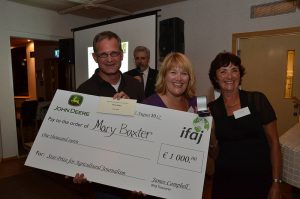 First Prize (Mary Baxter, Canada, accepted on her behalf by Alison Finnamore, Canada). Left - Steven Roller of John Deere. Right - Connie Siemes, IFAJ Executive Secretary. Picture taken by Chuck Zimmerman