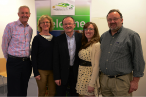 Welcoming the new Global Office - from left to right: James Campbell, IFAJ Treasurer; Riitta Mustonen, IFAJ Secretary General; Markus Rediger, IFAJ President, with Christina Franc and Hugh Maynard of Qu'anglo Communication