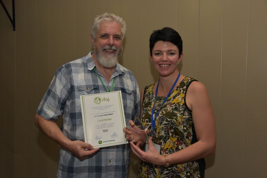 Lindi Botha of South Africa was recognized by the International Federation of Agricultural Journalists (IFAJ) with the Star Prize for Print, the organization's honor for the best article in its worldwide competition